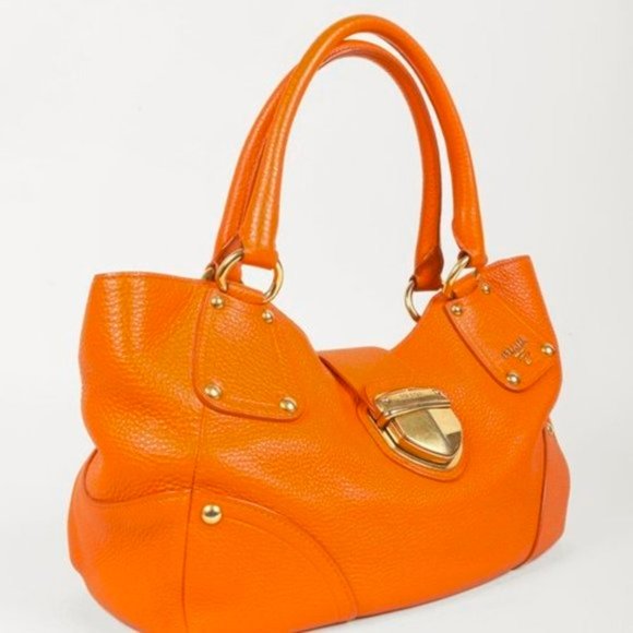 Prada Daino Push-Lock Orange Leather Tote - Picture 2 of 11